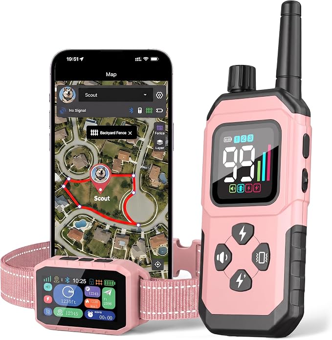 GPS Wireless Dog Fence & Remote Training Collar, Free APP Control, No Subscription Fee, Adjustable GPS Boundary, Pink, Dogs 10-120 lbs