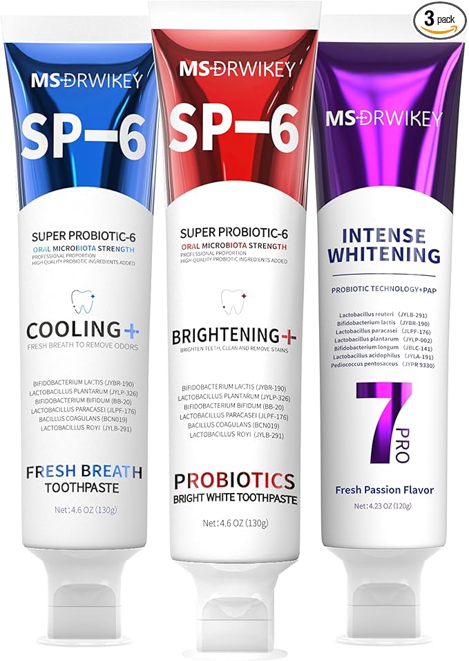 MSDRWIKEY SP-6 Toothpaste, Cooling Fresh Breath, and Popping 7-Pro Whitening Toothpaste Bundle | 6 Probiotics for Oral Health, Fluoride-Free, Safe for Enamel, Deep Whitening & Freshness