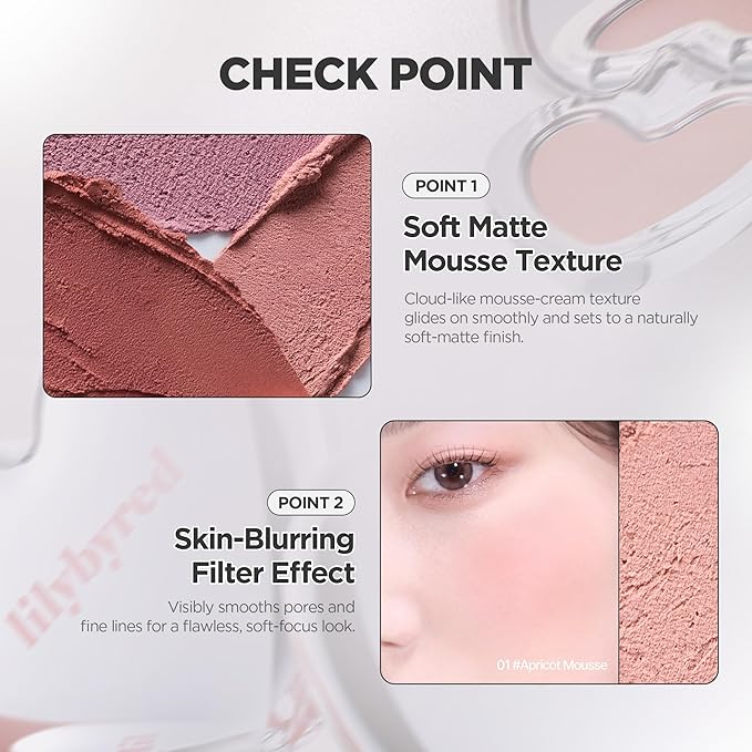lilybyred Luv Beam Cheek Mousse | Heart-Shaped Korean Cream Blush, Airy Soft-Matte Texture, Soft-Focus & Pore-Blurring Finish, Seamless Buildable, Natural Flush, 0.13 oz. (05 Fig Mousse)