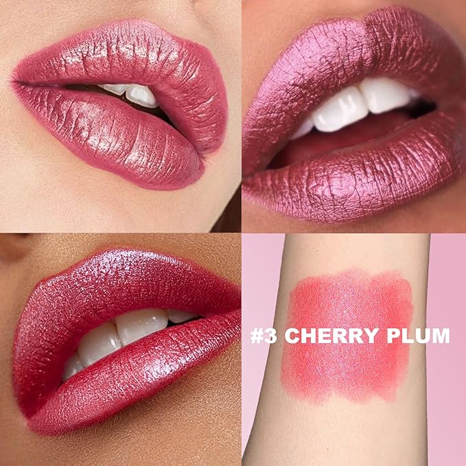 Metallic Lipstick Glitter Lip Stick Long Lasting Waterproof Shine Lip Crayon without Drying or Fading Sparkling High Pigmented Lip Stain Transfer-proof Wear Full Coverage Makeup for Women, 3