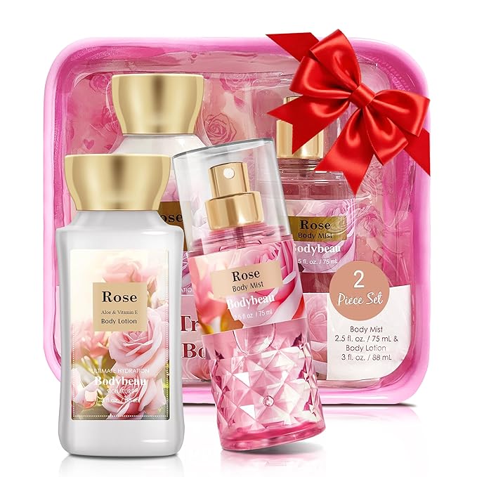 Mother's Day Rose Spa Gift Set - 2PCS Luxury Bath and Body Kit for Women with Body Lotion & Body Mist - Portable Travel Size Self Care Gift for Mom, Wife, or Her