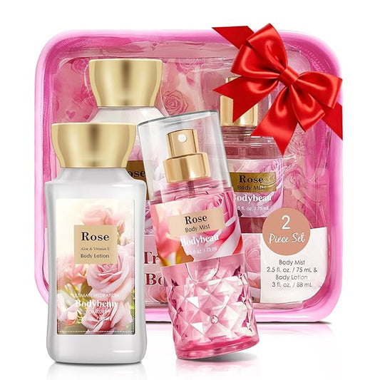 Mother's Day Rose Spa Gift Set - 2PCS Luxury Bath and Body Kit for Women with Body Lotion & Body Mist - Portable Travel Size Self Care Gift for Mom, Wife, or Her