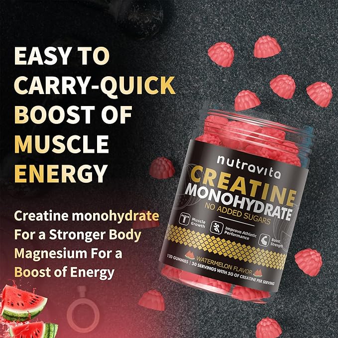 Nutravita Creatine Monohydrate Gummies for Men & Women, Creatine Monohydrate for Muscle Strength, Muscle Builder, Energy Boost, Pre-Workout Supplement(120 Count)-Watermelon Flavor
