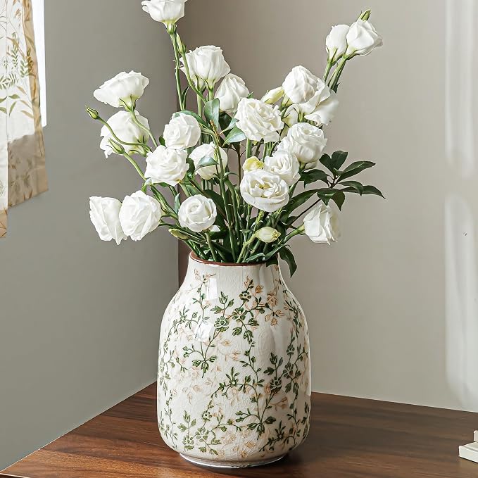 Ceramic Flower Vase for Home Decor, Vintage Green Decorative Vase 7.8 Inch | Rustic Farmhouse Floral Vase for Coffee Table, Mantel, Living Room, Kitchen, Bookshelf, Entryway, Wedding Centerpiece