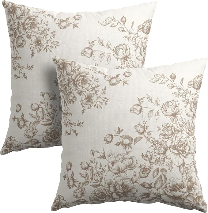 Kawani Chinoiserie Throw Pillow Covers 18x18 Inch Pack of 2, Vintage Tan Floral Art Farmhouse Square Pillowcase Cotton Linen Cushion Case for Couch Sofa Bed Home and Outdoor Decor