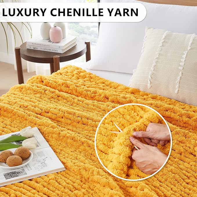 L'AGRATY Chunky Knit Throw Blanket for Couch, 80 x 90 Inches Mustard Yellow | Handmade Chenille Crochet Blanket for Sofa Bed, Thick Cable Knitted Blankets for Room Home Decor, Birthday Gift for Women Mom