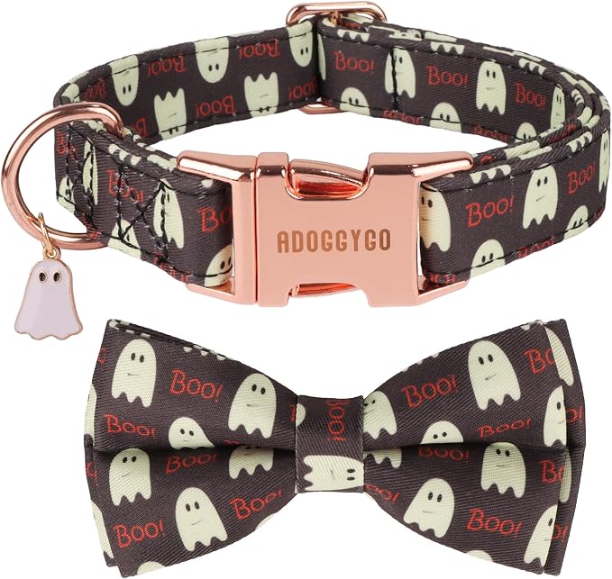 ADOGGYGO Halloween Dog Collar with Bow, Ghost Dog Bow Tie Collar, X-Large