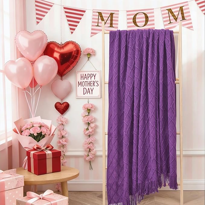 inhand Purple Knitted Throw Blanket for Couch and Bed, 60"x80" | Gifts for Mom from Daughter Son, Soft Lightweight with Tassels, Farmhouse Warm Decorative Blanket for Women, Cozy Knit