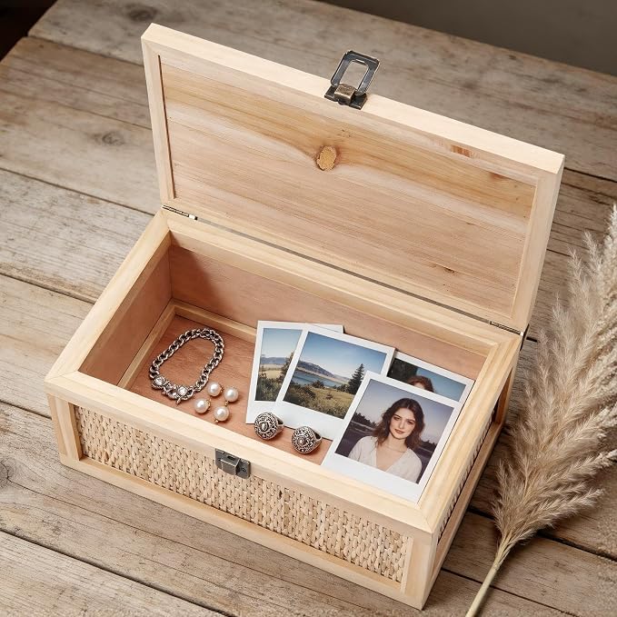 Keepsake Box with lids, Rattan Decorative Boxes, Boho Rustic Farmhouse Decorative Box, Memory Box for Keepsakes, Stackable Decorative Box for Shelf & Home Decor