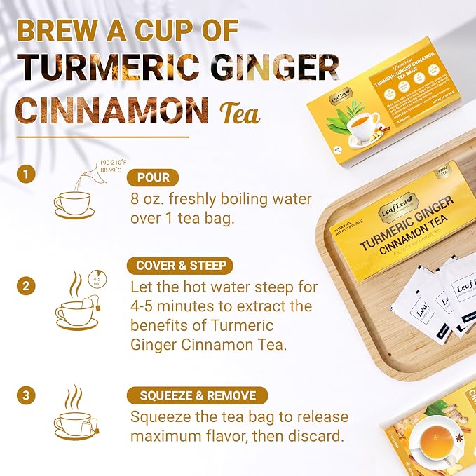 LeafLea Turmeric Ginger Tea Bags, Digestion & Immune Support, 240 Count | 100% Natural Herbal Blend With Cinnamon, Warm And Spicy Flavor, Caffeine-Free, Sugar-Free, Non-GMO, Convenient 6 Pack