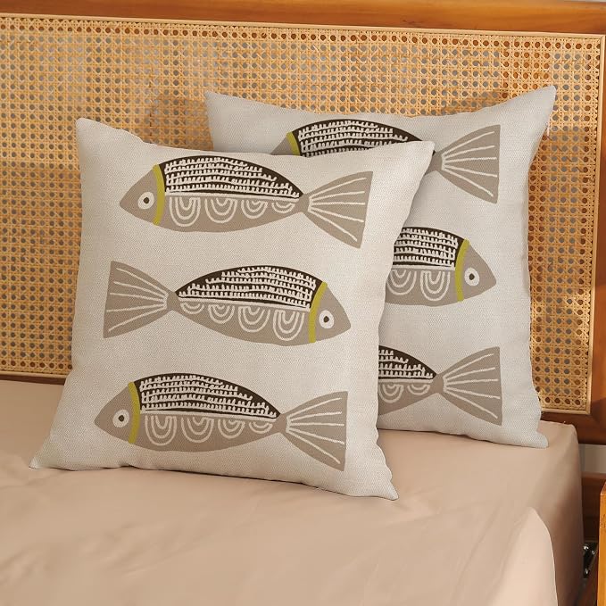 Coastal Pillow Covers 18x18 Inch Set of 2 Ocean Beach Brown Fish Throw Pillows Summer Nautical Outdoor Decorative Pillow Cases Linen Farmhouse Cushion Cover for Couch Home Sofa Bedroom Decor