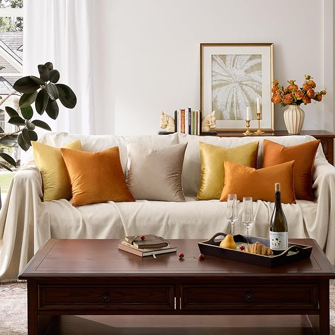 GIGIZAZA Orange Velvet Pillow Covers 16x16 Decorative Pillows Pack of 2 | Throw Pillows for Couch Sofa,280gsm Soft Textured Fabric,Modern Square Pillowcases,Luxury Cushion Covers