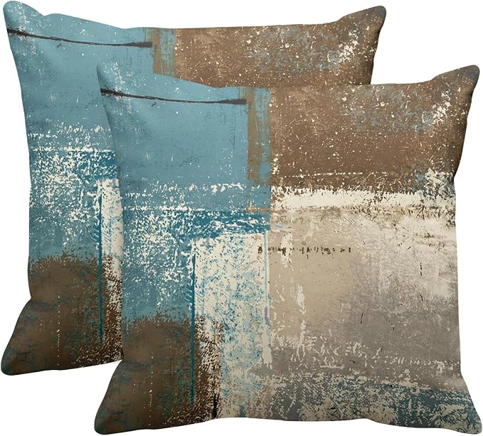 Emvency Throw Pillow Covers Set of 2, 18 x 18 Inch, Abstract Teal Modern | Beige Brown Outdoor Decorative Square Pillow Cases Couch Cushion Case for Couch Bed Sofa Living Room Home Decor