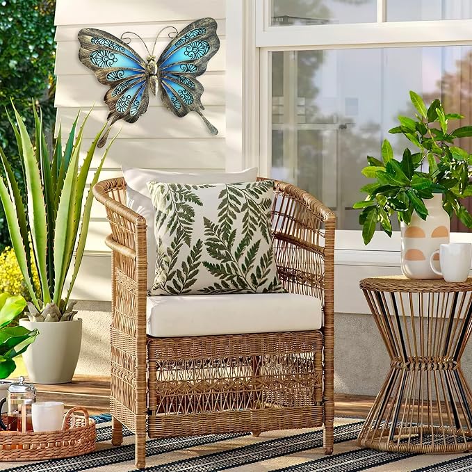 LIFFY Metal Butterfly Outdoor Decor 12"" Hanging Glass Butterflies Wall Decor Garden Art Decorative Ornaments Outside Indoor Home Decor for Living Room Bedroom Patio Fence, Blue