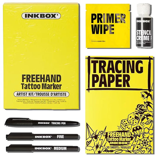Inkbox Freehand Tattoo Marker Artist Kit - Includes 2 Markers, 1 Tracer, 1 Glove, Tracing Paper (50 Sheets) & Stencil Cream |Lasts Up to 10 Days, All Skin Tones, Water-Resistant, Cruelty-Free & Vegan