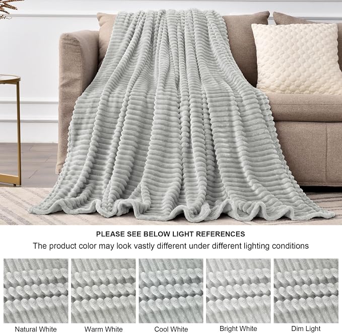 BEDELITE 3D Ribbed Light Grey Fleece Throw Blanket for Couch, 50x60 Inch | Soft Warm Decorative Fluffy Blanket, Cozy Plush Lightweight Fuzzy Throw Blanket for Bed Sofa Home Room Decor, Gift for Women