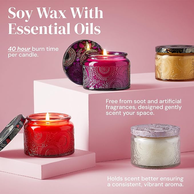 6-pc Scented Candle Gift Set for Women, Aromatherapy Inspired Adelegourdain | Incl. 4 Soy Wax Candles and 2 Fragrance Packets - Gift Ready Box - Scents incl. Bergamot, Maldivian Breeze, Jasmine, Berries