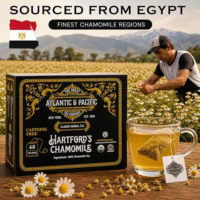 A&P Coffee Hartford’s Chamomile Tea Bags, 48 Count, Caffeine Free Herbal Tea, Soothing Bedtime Tea, Calming Relaxation Blend, Smooth Flavor, Hot or Iced Tea, Premium Herbal Infusion, Fresh Aroma