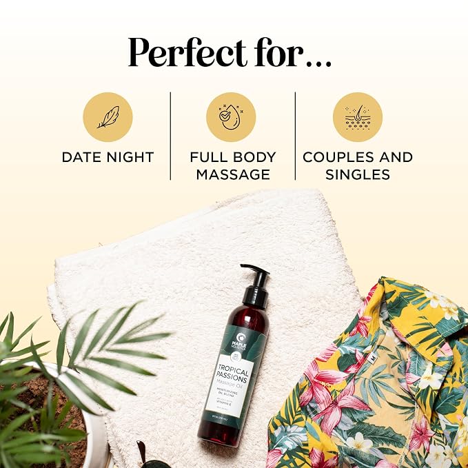 Luxurious Vanilla & Tropical Passions Massage Oil Set - Aromatherapy Full Body Massage Oil for Couples Bundle with Naturally Scented Vegan & Non GMO Ingredients (8 Fl Oz Each)