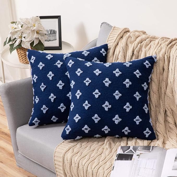 Pack of 2 Flower Tufted Throw Pillows Embroidered Flowers 3 Size and Color Options Come with Inserts (Navy, 20"x20" with Insert)