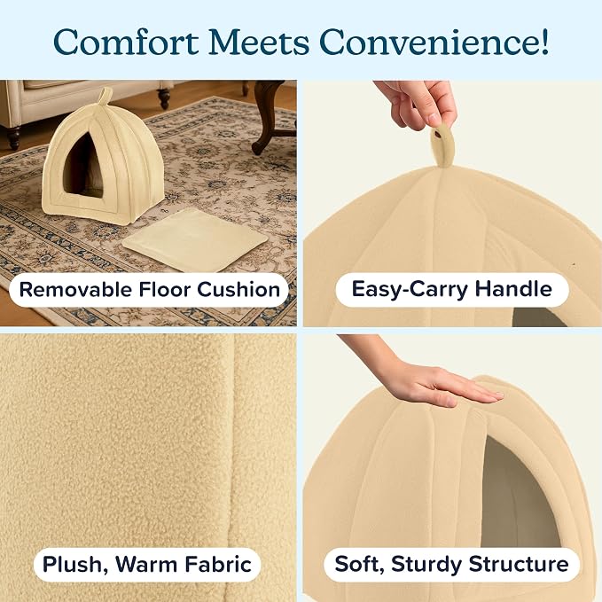 Cat House - Indoor Bed with Removable Foam Cushion - Pet Tent for Puppies, Rabbits, Guinea Pigs, Hedgehogs, and Other Small Animals by PETMAKER (Tan) | Plush Cat Tent Bed for Small Kittens, Rabbits, Guinea Pigs, and Other Small Animals, Comfortable Coz...