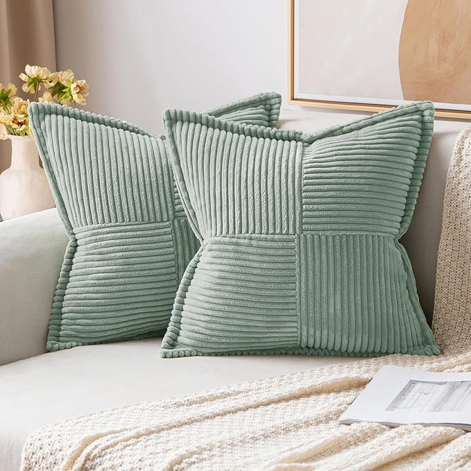 MIULEE Decorative Throw Pillow Covers for Couch 16x16 Inch Greyish Green | Boho Broadside Striped Patchwork Pillow Covers, Soft Corduroy Cushion Cases, For Sofa Bed Livingroom Home Decor
