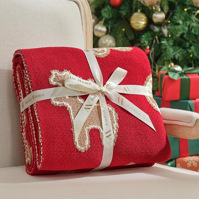 Christmas Knit Throw for Couch, Reversible Soft Cozy Chenille Blanket for Home Decor Gift for Family, 50" x 60", Christmas Gingerbread Cookie