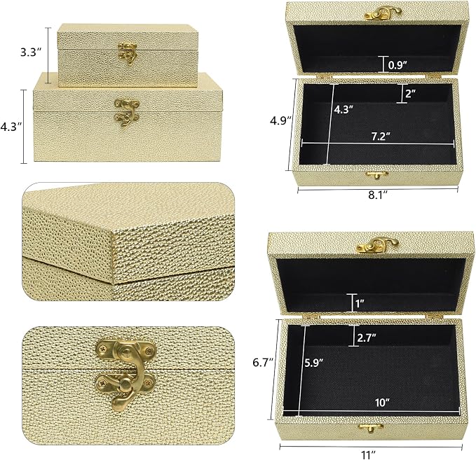 DECOR4SEASON Faux Leather Decorative Storage Boxes Set of 2, Gold | For Keeping Precious Keepsakes, Trinkets, Jewelry And Other Small Items Organized