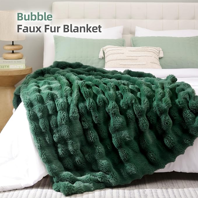 Faux Rabbit Fur Throw for Couch - Dark Green Bubble Blanket 50"x60" | Fluffy Plush Fuzzy Throw for Sofa & Bed, Super Soft Cozy Comfrt Blanket, Luxury Aesthetic Dark Green Decor Gift for Women