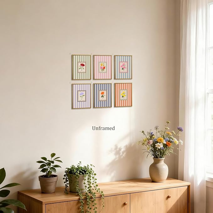 Vintage Floral Posters Wall Art Set of 6, Coquette Cute Stripe Botanical Stamp Canvas Wall Decor Painting, Colorful Flower Artwork Posters Prints for Bedroom Girls Room Dorm 8x10 Inch Unframed