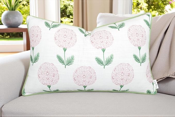 Marigold Floral Print 12x20 Lumbar Pillow Cover, Pink | Pink marigold floral on white slub, green piping; both sides printed; hidden zip; oblong, cover only