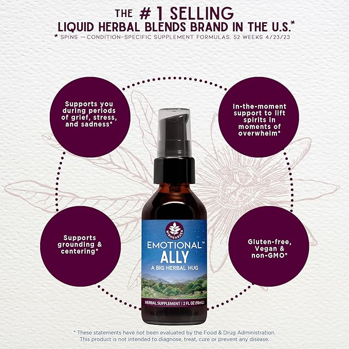 WishGarden Herbs Emotional Ally - All-Natural Fast-Acting Liquid Herbal Supplement with Passionflower, Scullcap, St Johns Wort & Motherwort Supports Emotional Grounding, A Big Herbal Hug, 4oz