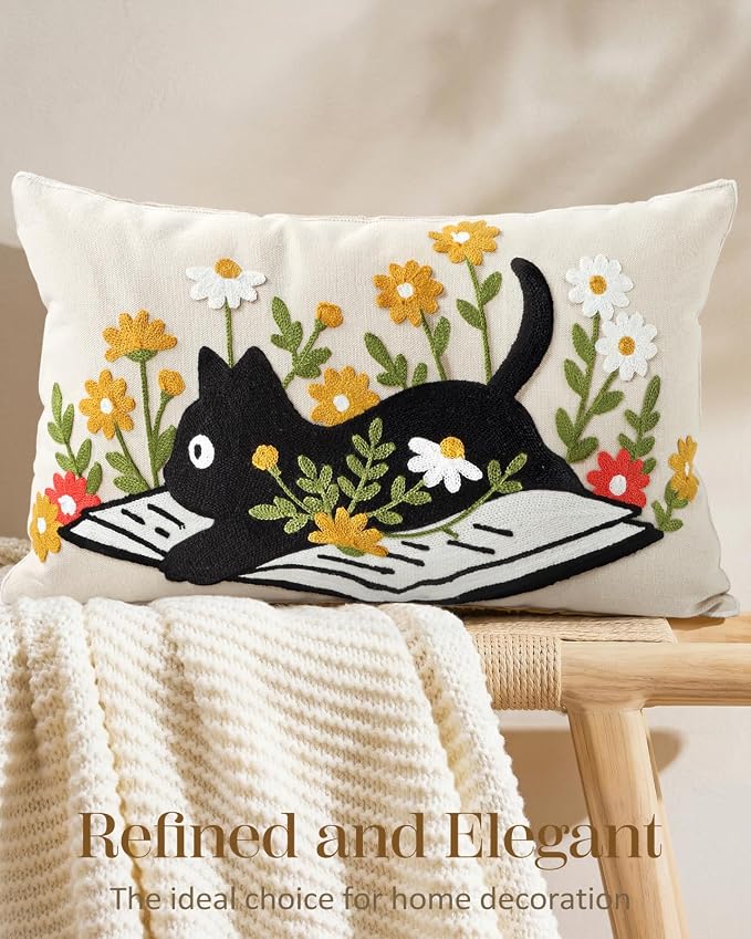Animal Embroidered Lumbar Pillow Cover 20x12 Inch, Cat Floral | Decorative Throw Pillow Cover, Farmhouse Cushion Cases with Hidden Zipper, Cottagecore Decor for Couch, Sofa, Bedroom