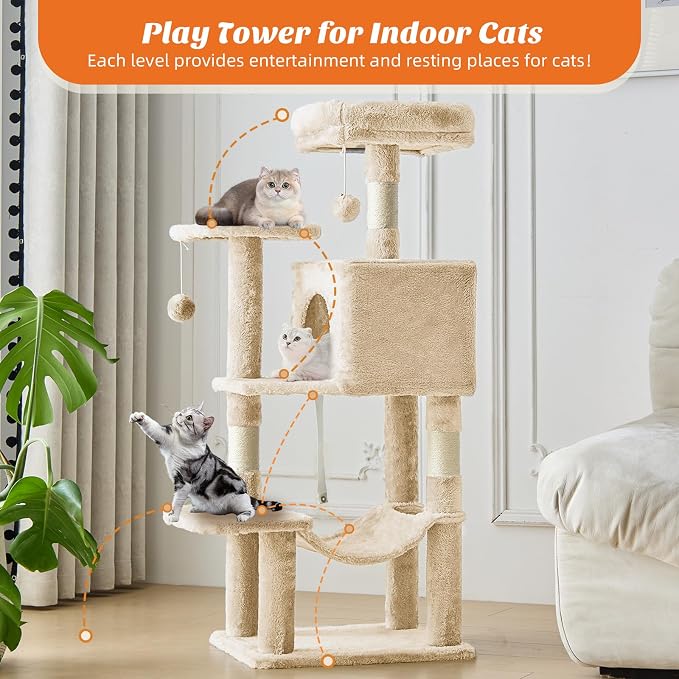 Sweetcrispy 44 Inch Cat Tree Tower for Indoor Cats and Kittens | Multi Level Cat Climbing Tower with Natural Sisal Scratching Posts, Hammock, Pet Condo, Beige