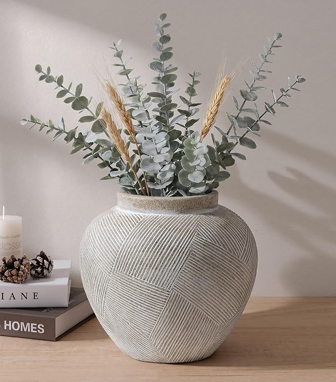 DREAMLOOM 9.3 Inch Flat Ceramic Flower Vase, Cream Grey | Textured, Farmhouse Vintage, Pottery Terracotta, Home Decor, Living Room Dining Table Wedding Centerpieces