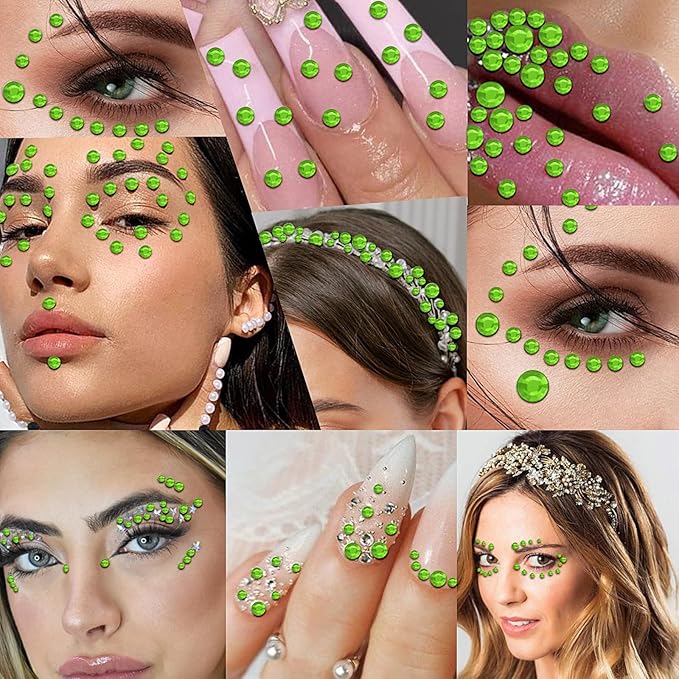 3555pcs Self Adhesive Face Gems for Makeup, Festival Jewels, Hair Gems, Rhinestone Stickers for Face, Eye, Makeup, Nail, Body, Crafts 5sheets (green-3/4/5/6/8mm)