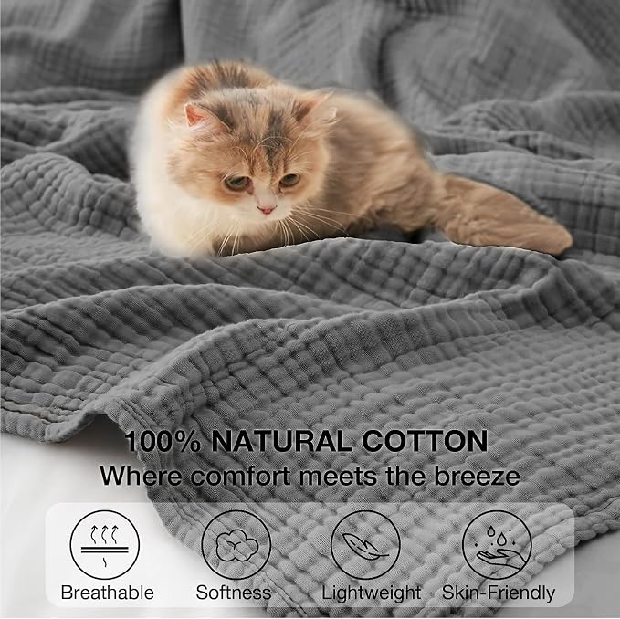 100% Cotton Muslin Blanket King 108" x 90", Breathable and Lightweight Cotton Throw Blankets for Bed, Soft Cooling Summer Gauze Blanket for Adults All Season, Charcoal Grey