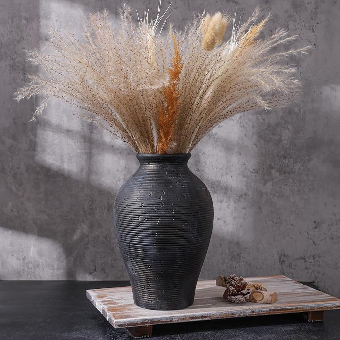 Ceramic Flower Vase Home Decor, 9 in Farmhouse Table Vases Rustic Vintage Living Room Kitchen Bedroom Pottery Decorative Vases for Flowers House Shelf Office Coffee Desk Dining Entryway, Black Gold