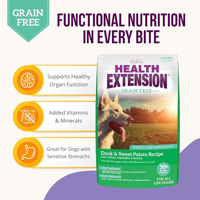 Health Extension Grain Free Duck & Sweet Potato Dry Dog Food - 30+ Superfoods and Probiotics for All Life Stages (23.5 lb)
