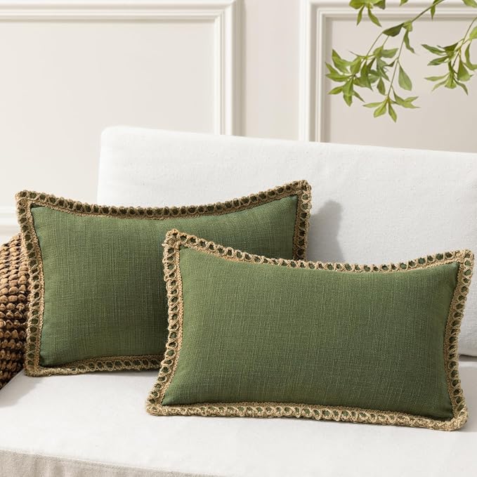 Phantoscope Pack of 2 Farmhouse Decorative Throw Pillow Cover Solid Burlap Linen Trimmed Tailored Edges, Olive Green, 12 x 20 inches, 30 x 50 cm
