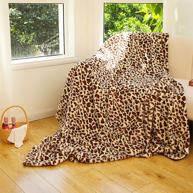 Leopard Throw Blanket 50''x60'', 480 GSM Double Sided Faux Fur Blankets for Bed Sofa Travel and Camping, Super Soft Cozy Fluffy Plush Cheetah Print Blanket for All Seasons
