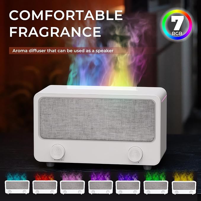 Fireplace Flame Aromatherapy Diffuser with Bluetooth Speaker, Essential Oil Diffuser for Home Bedroom, Ultrasonic Cool Mist Humidifier 7 Colors LED Light Auto-Off Protection Home Bedroom Office Yoga