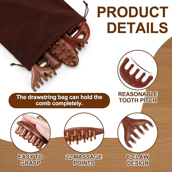 6 Pcs Natural Wooden Scalp Massager Comb Tool Set with Flocked Storage Bag Scalp Massage Tool for Stress Relief, Gua Sha & Therapy for Women Men Hair Growth Body Therapy
