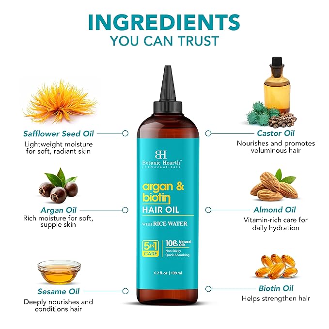 Botanic Hearth Hair Oil for Hair Growth & Hair Treatment Oils | Strengthening Dry, Frizzy, Damaged Hair & Scalp Treatment | Argan & Biotin Hair Oil – 6.7 Fl Oz