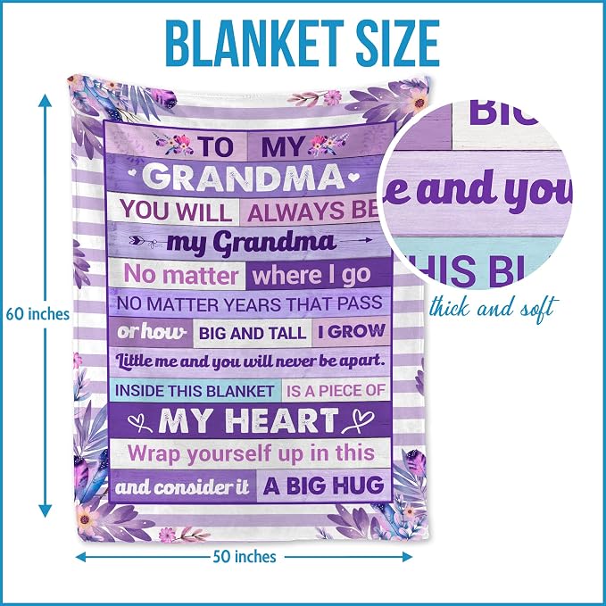 Gifts for Grandma Blanket for Mothers Day – to My Grandma Soft Flannel Fleece Throw Blanket, Cozy Purple Floral Blanket with Loving Message, Birthday Gift from Grandchild 50x60 Inches
