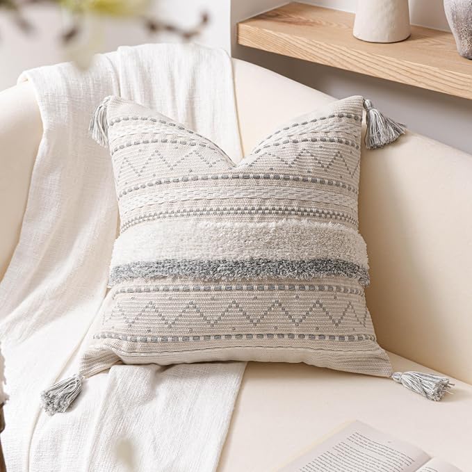18X18 Throw Pillow Cover, Cream Neutral Square Decorative Cushion Cover with Gray Pattern, Boho Accent Pillowcase with Tufted Details and Tassels for Couch Sofa Living Room (Cover Only)