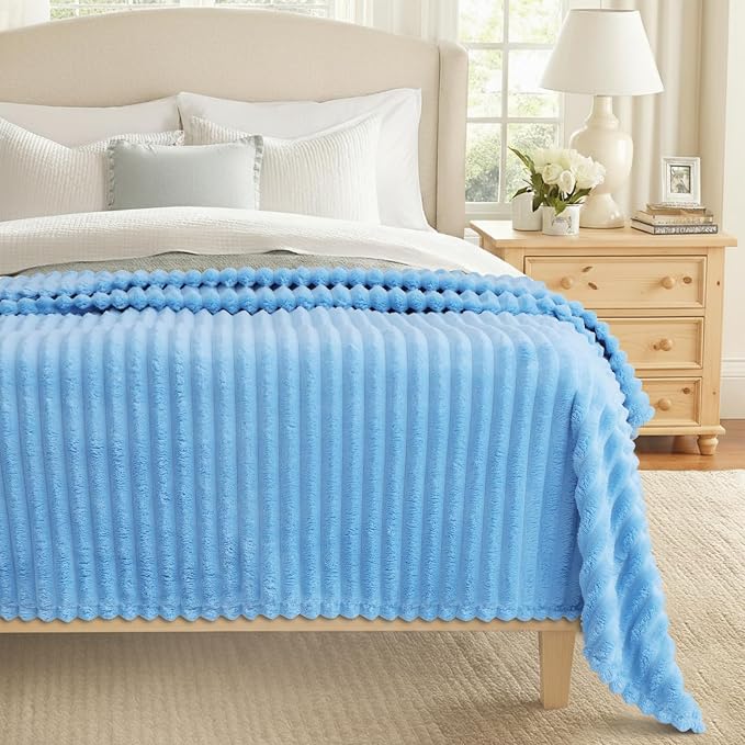 decorUhome Blue Fleece Throw Blanket 50x60 Inches | Soft Couch Cozy Fluffy Plush Flannel Striped Blanket for Sofa Bed, Lightweight Decorative Ribbed Fuzzy Blanket for Woman