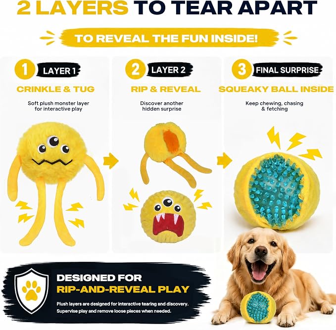 Fida Dog Toys for Aggressive Chewers, 3 in 1, Tough Squeaky Ball, Yellow
