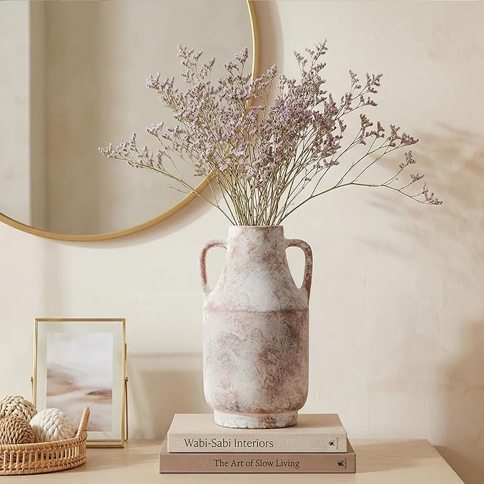 Ceramic Flower Vase with Handles, 11 Inch Tall Rustic Vase, Large Terracotta Pottery Vase for Home Decor, Farmhouse Decorative Vase for Living Room Kitchen Table Shelf Bedroom Decor