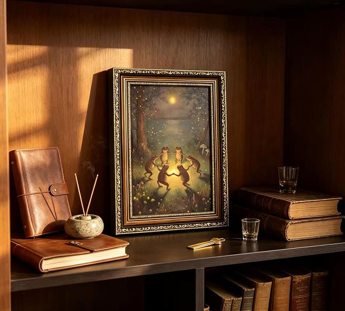Vintage Gold Framed Celestial Wall Art, Moody Moon and Stars Gothic Painting Canvas Print, Dark Academia Wall Decor,Mystical Celestial Poster Artwork, for Living Room Bedroom Bathroom